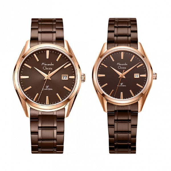 Alexandre Christie AC 8681 Rosegold Brown Steel Couple